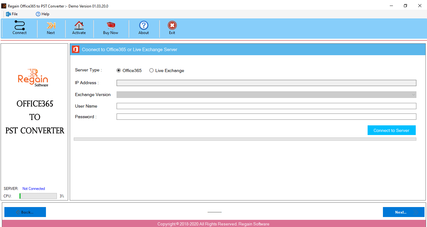 Office 365 to PST Utility - Home Screen