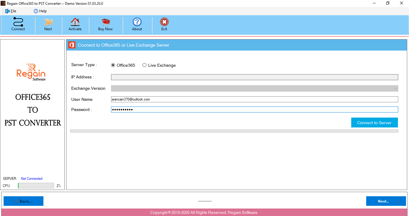 Enter Login Details of Office 365 or Live Exchange Server account