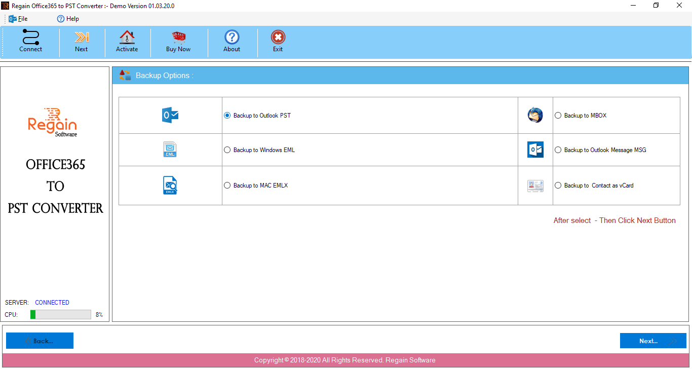 Select File format to save Office 365 mailbox to PC